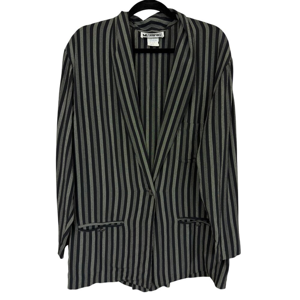 Metropole Black Gray Striped 1 Button Blazer Longline Pinstripe Pockets Medium